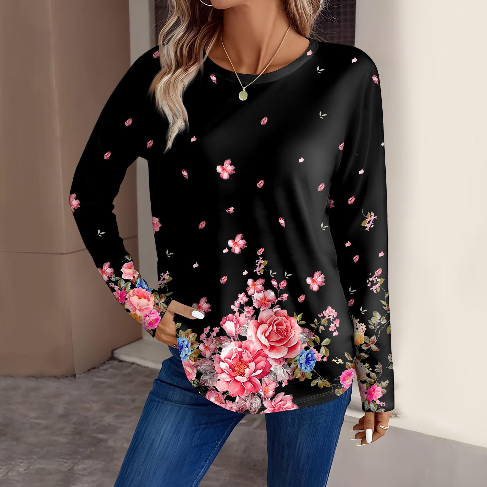 

Женская мода повседневный топ с длинным рукавом с цветочным принтом и круглым вырезом XXL красный