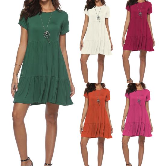 

Summer Women Casual Solid Color Short Sleeve Round Neck Ruffled Loose Mini Dress XL зелений