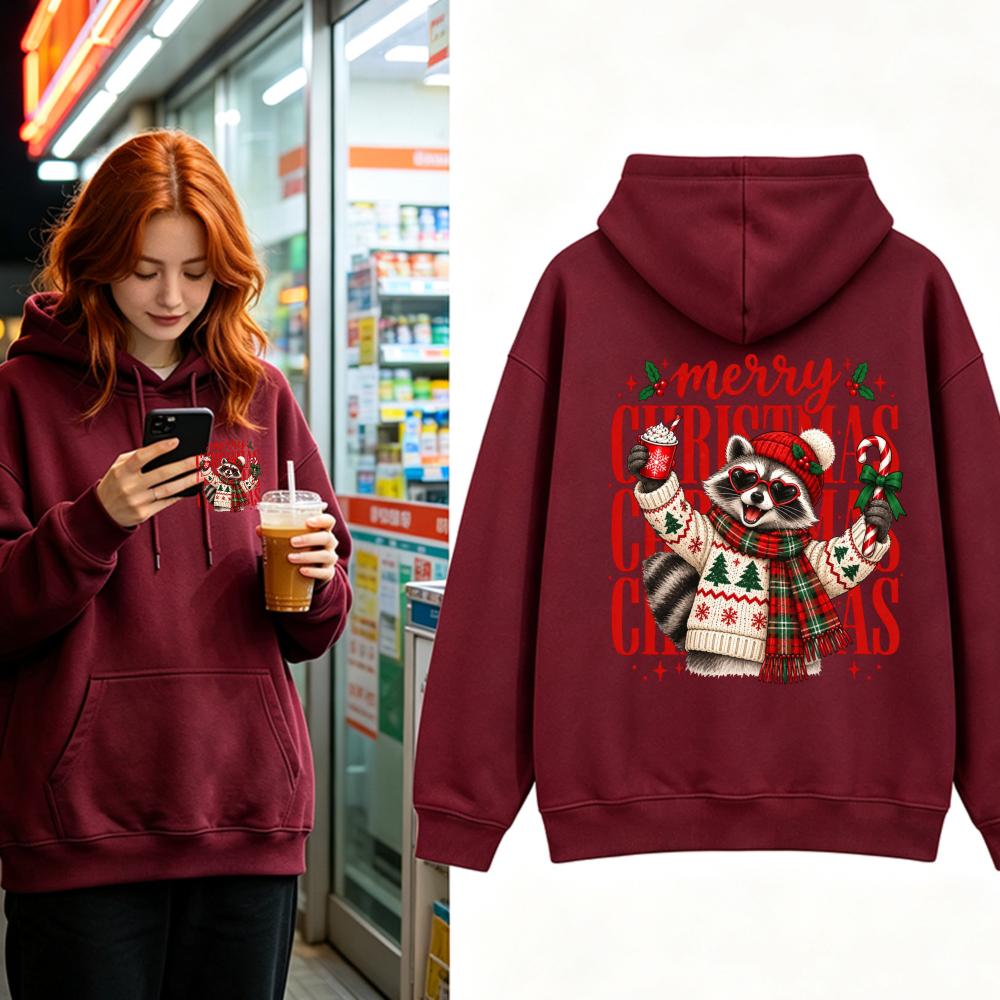 Merry Christmas Raccoon Hoodie Cute Heart Sunglasses Hot Cocoa Graphic Sweatshirt Winter Scarf Sweater Unisex Pullover Tops