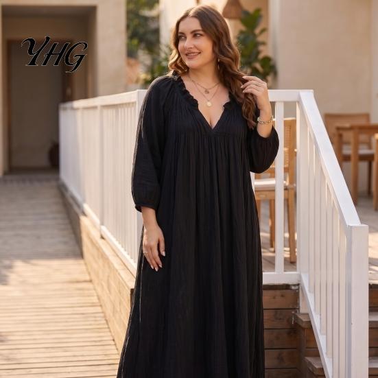 Bohemian Inspired Dress Ruffle V-Neck Long Dress, 3/4 Sleeves Maxi for Comfortable Women Dresses Women, Solid Color Casual Loose Spring Fall