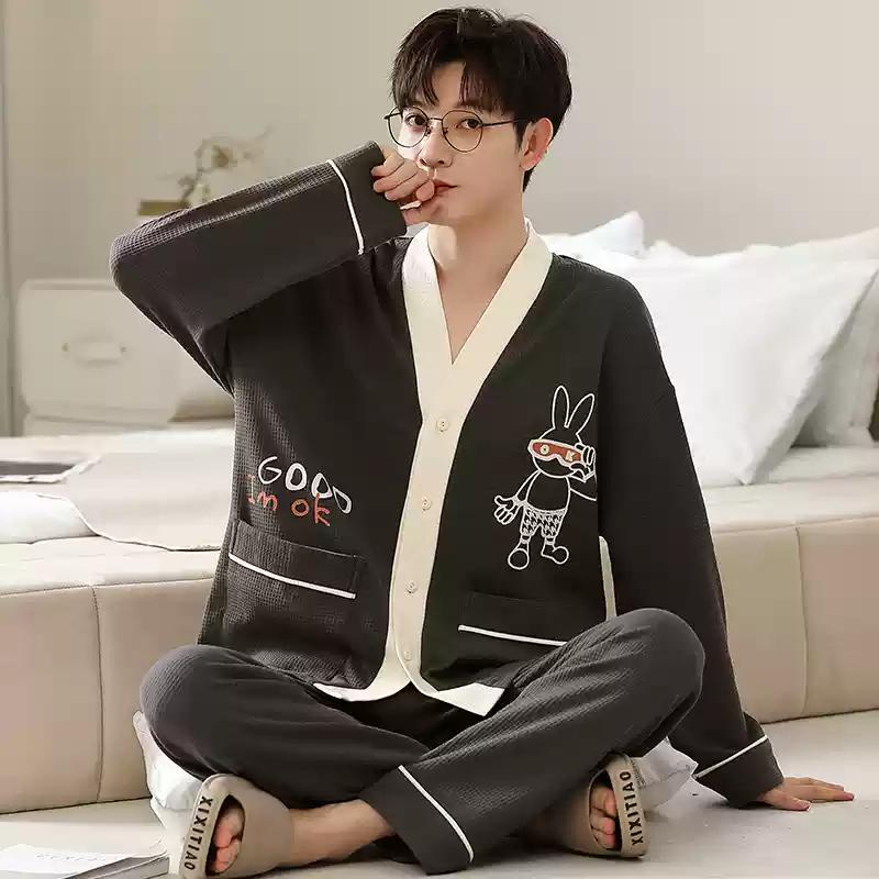 Herren Kimono Langarm Pyjama Set Cardigan Baumwolle Frühling und Herbst Loungewearkoreanische Mode Loungewear