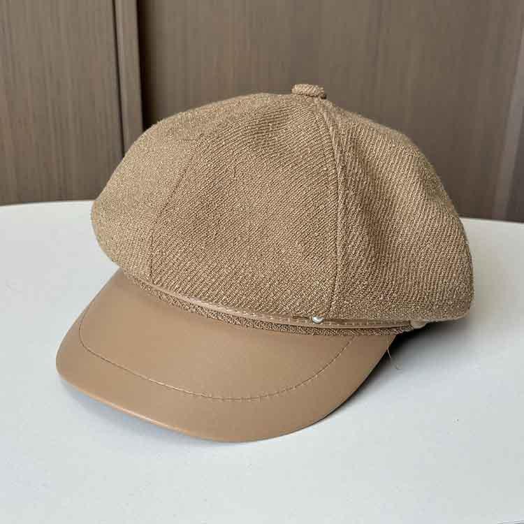Spring and Autumn Hat Women's New Pu Leather Octagonal Hat Big Head Circumference Showing Face Small Peaked Hat Retro Temperament Painter Hat Tide