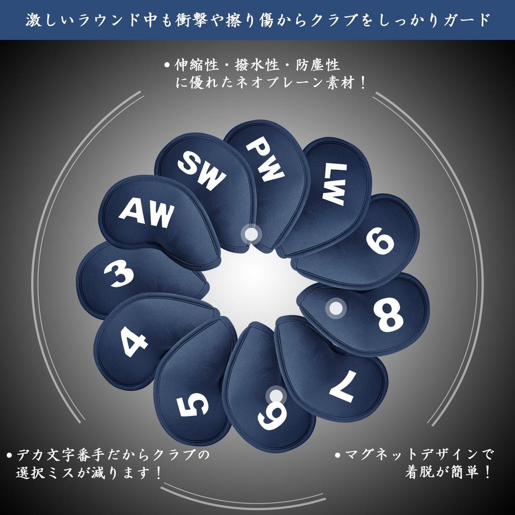 Golf Iron Covers, 11-Piece Set, Magnetic Closure, Wedge Covers, Neoprene Material, Lightweight, Numbered, Head Protection Covers, LT-018 (Navy)