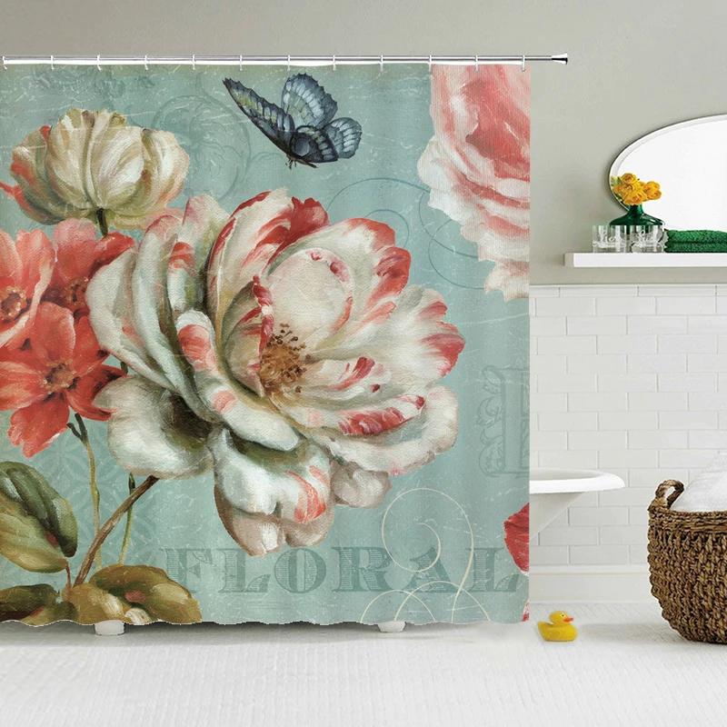 Retro European Shower Curtain ,Flowers Printed Bath Curtain Polyester Fabric Western Style Home Bath Decor Curtains With Hooks