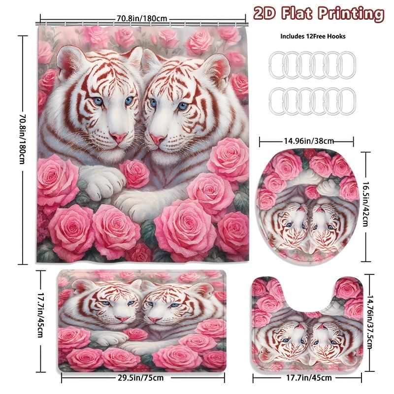 4Pcs White Tigers And Pink Shower Curtain Set with Non-Slip Bath Mat, Toilet Lid Cover, Contour Rug & 12 Hooks, Bathroom Decor