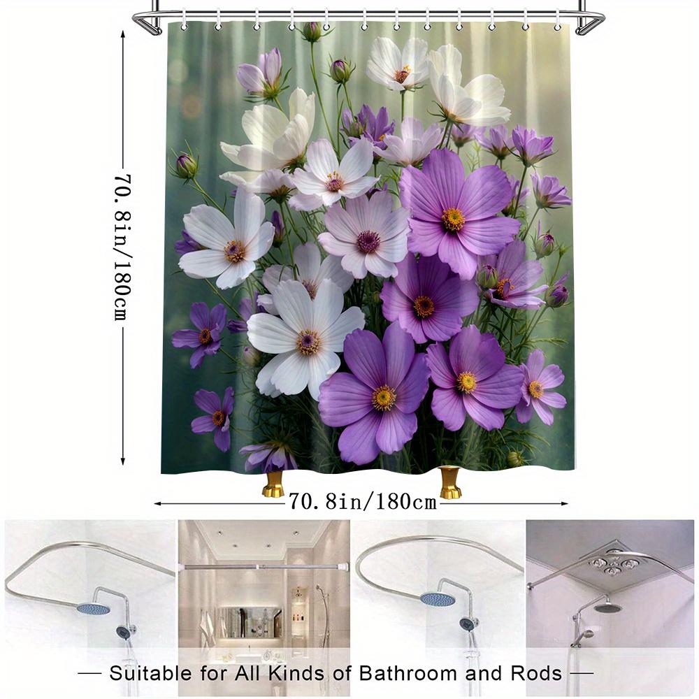 1Pc Floral Shower Curtain With Vibrant Purple & White Blooms - Machine Washable Polyester Fabric, 70.8X70.8 Inches, 12 Hooks