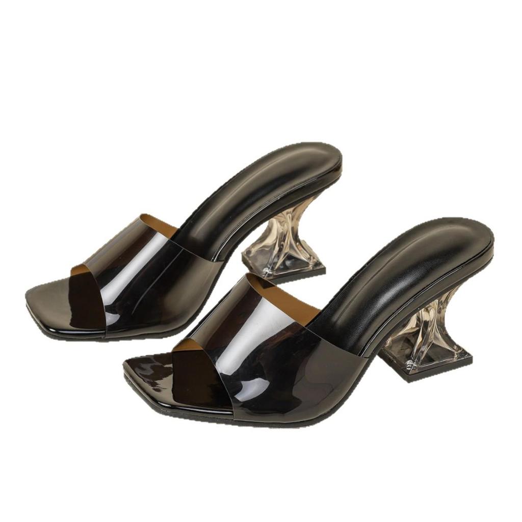 2026 Women's Transparent Heel Square Toe High-Heel Sandals - Brown/Black Summer Outdoor Breathable Single Strap Slippers