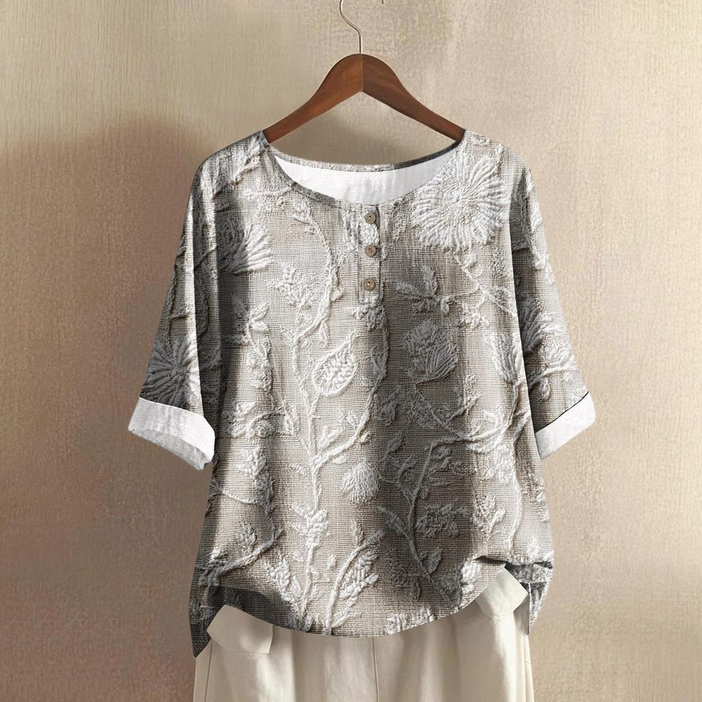Women's Fashionable And Casual Shirt Half-sleeve Round Neck Print Cotton And Linen Blouse Top