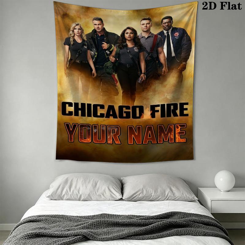 Custom Name Chicago Fire Wall Tapestry Aesthetic Wall Hanging Printed Fabric Blanket Decorative Tapestries for Bedroom Living Room Home Decor