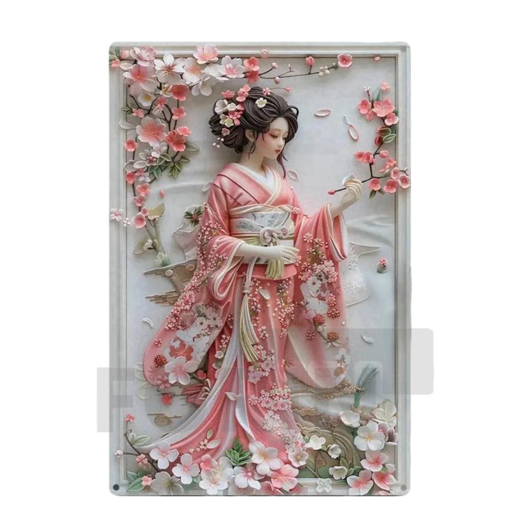 Panneau Métal Kimono Geisha Japonaise, Affiche Art Élégant Japon Fleurs de Cerisier 2D, Décor Mural Maison, Chambre, Bureau, Izakaya, café, Studio