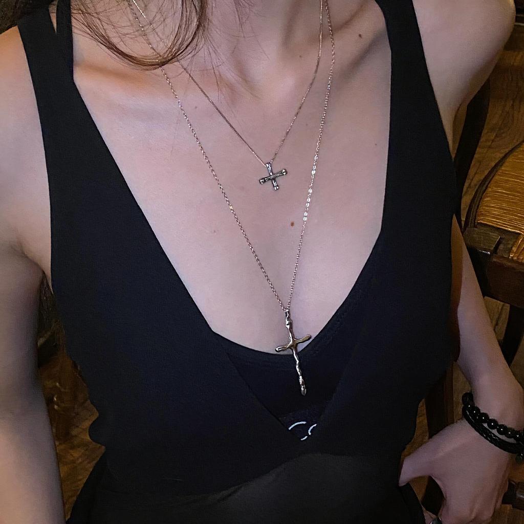 Minimal Stackable Cross Necklace, Light Luxury Long Cold Tone Clavicle Chain