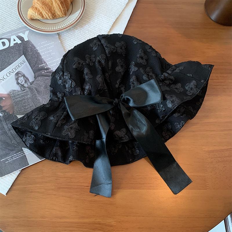 

Бант маленькая шляпа-ведро с цветком женская летняя универсальная для маленького лица шляпа-облако большой окружности головы чёрный