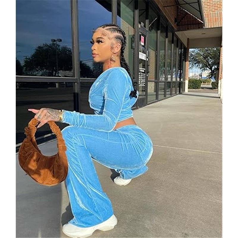Womens 2 Piece Solid Velour Tracksuit Two Piece Outfits For Women Long Sleeve Zip Up Crop Tops Sweatpants Sets Pockets Hooded Sweatshirt With Joggers