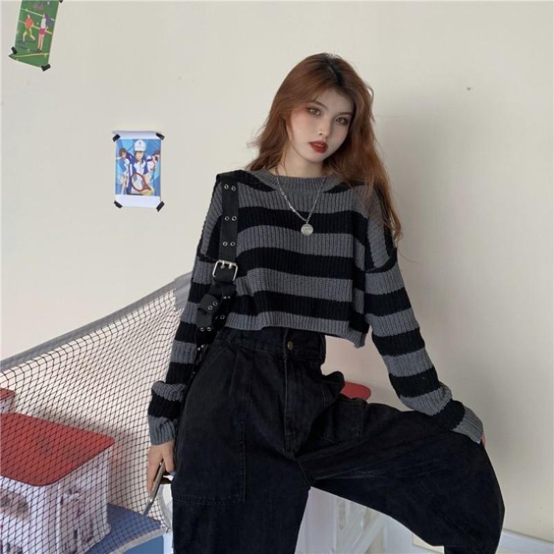 KOSY Striped Cropped Sweater Korean Style  Women Vintage Oversize Knit Jumper Female Autumn Long Sleeve O-neck Pullovers Tops