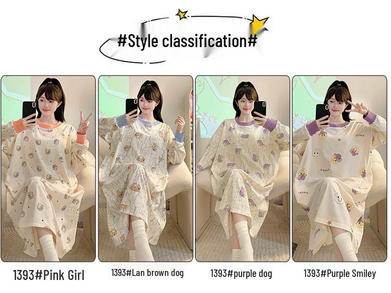 Nachthemd aus reiner Baumwolle in Übergröße mit Cartoon-Motiv (250 Jin) - Langärmliges, mittellanges Oberteil für Frühling/Herbst, geeignet für Zuhause oder als Freizeitkleidung für draußen