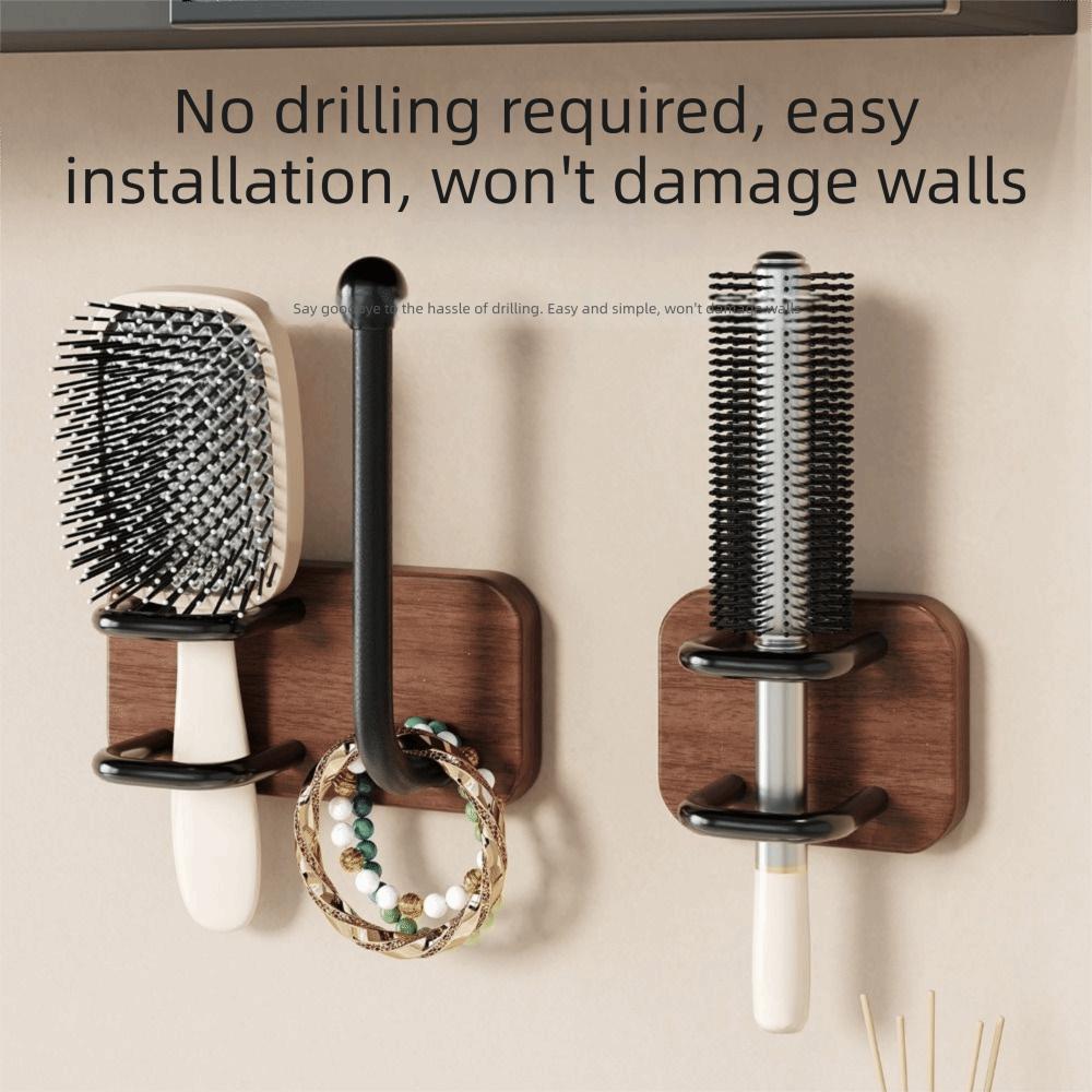 Wall Mounted Wooden Comb Holder Self-Adhesive Bathroom Storage Rack Hair Rings Hanger Hair Tie