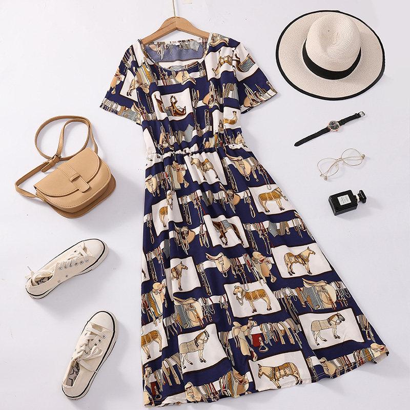 Southeast Asia Fashion: Elegant Short-Sleeved Mid-Length Dress for Middle-Aged and Elderly Moms Extra Large