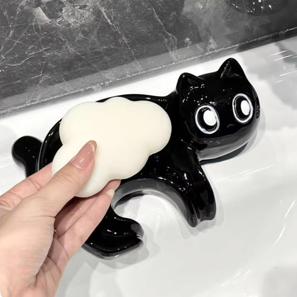 Niedliche Keramik Seifenschale Katze Seifenhalter Selbstentwässernde Seifenschwammbox Abwaschbare Seifenablage für Dusche Badezimmer Badewanne Küchenspüle