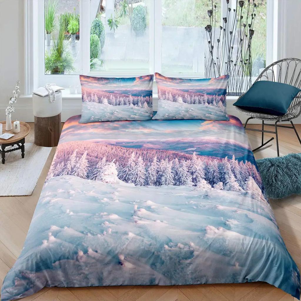 Snow Mountain Bedding Set Winter Snow Scene Comforter Cover for Boys Girls Kids 3D Duvet Cover Set Bedroom Decor 3 Pcs Full Size