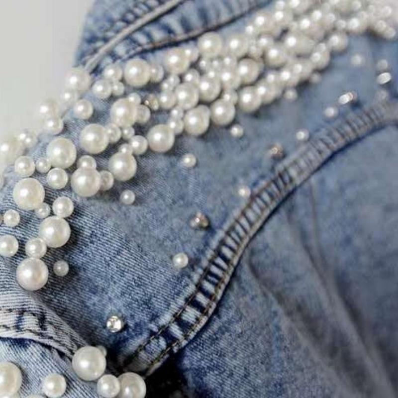 2025 Spring and Autumn New Heavy Industry Beaded Denim Jacket Women's Short Long Sleeve Fashion Jacket Big Pearl Denim