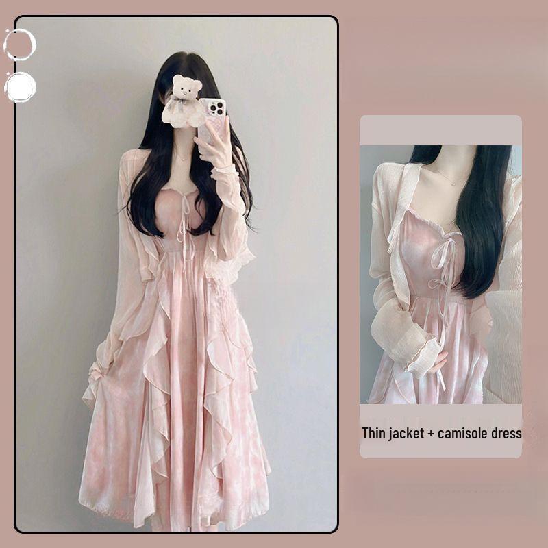 Spring 2026 Women's Sweet Ruffle Maxi Dress Set with Jacket and Cinched Waist Spaghetti Straps