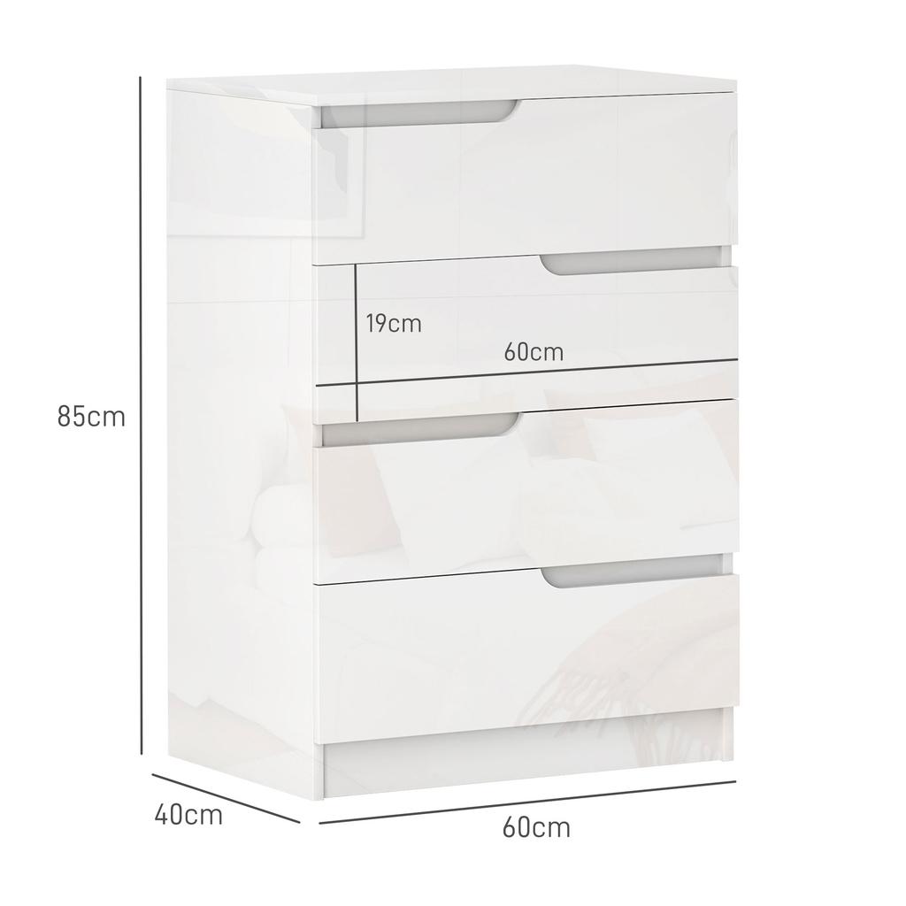 Modern and Minimal 4-Drawer Wooden Dresser, 60x40x85 cm, Glossy White