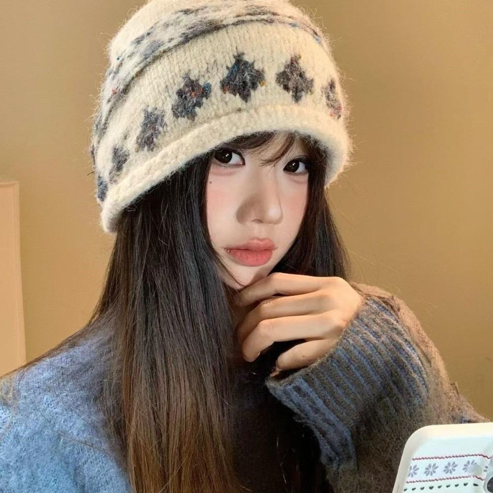 Windproof Pullover Hat Thickened Foldover Beanie Hat Fashion Jacquard Knitted Hat