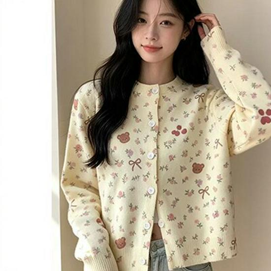 Women's Cherry Bear Print Knit Cardigan - Autumn/Winter Round Neck Long Sleeve Sweater