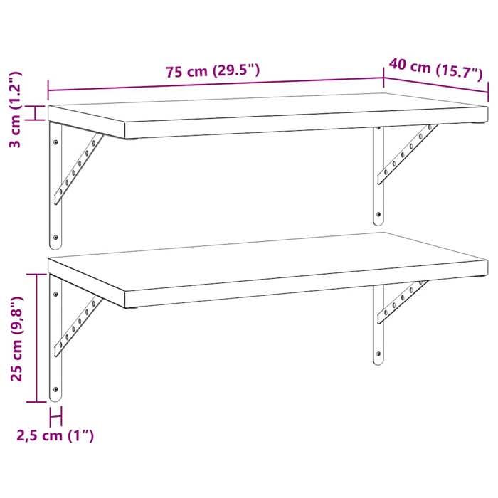 VidaXL Wall Shelves 2 Pcs 75x40 Cm Silver Stainless Steel, Floating Shelf, Wall Display Shelf, Panel 3214505