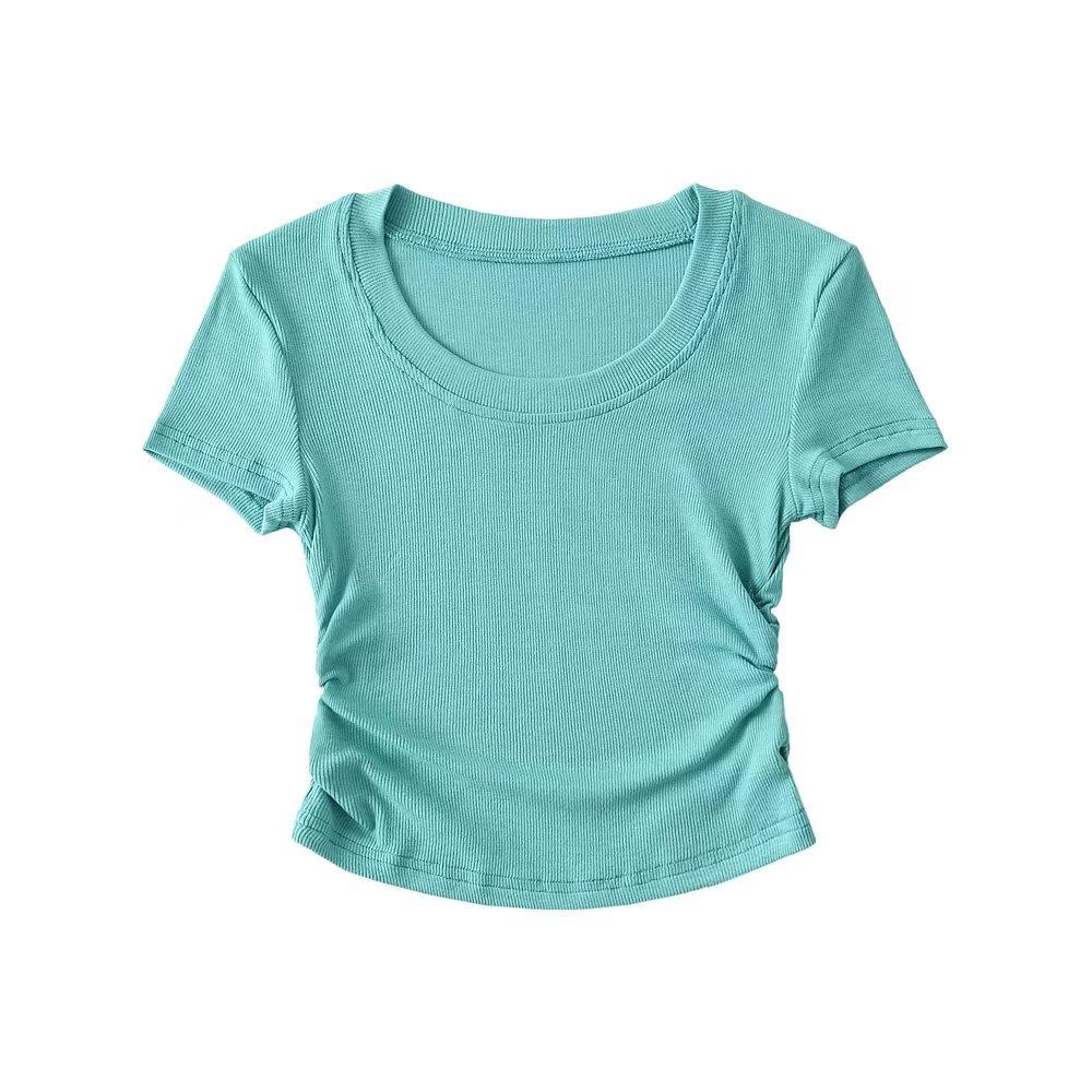 Trendy Women's Round Neck Short Sleeve Side Ruched Bodycon Crop Top