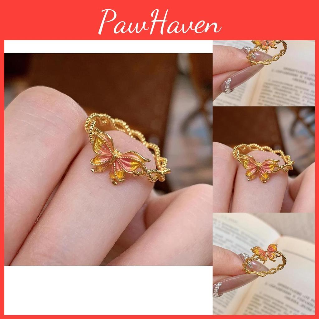 Elegant Vintage Gold Butterfly Ring For Women Featuring Unique Twisted Enamel And Open Design