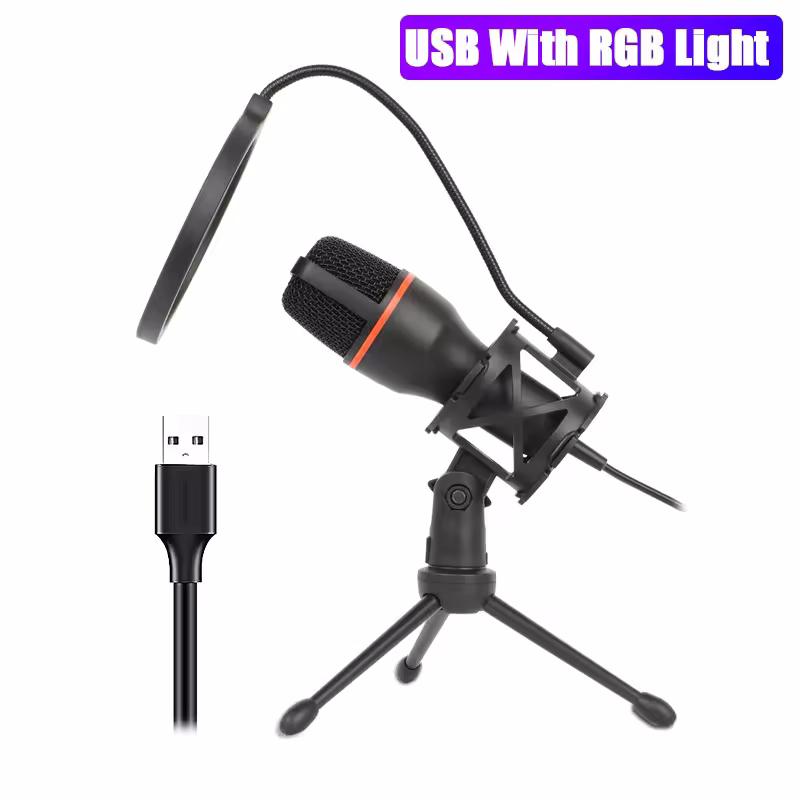 Professional Condenser Microphone For Computer PC Laptop USB Wired Gaming Acssories Kit Sound Live Streaming Podcast Gamer RGB