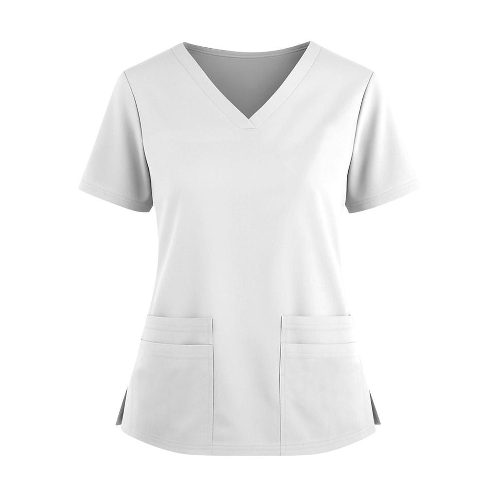 Women's Fashionable Solid Color V-neck Double Pocket Short Sleeved Shirt With Slit Hem Uniform And Worker Top