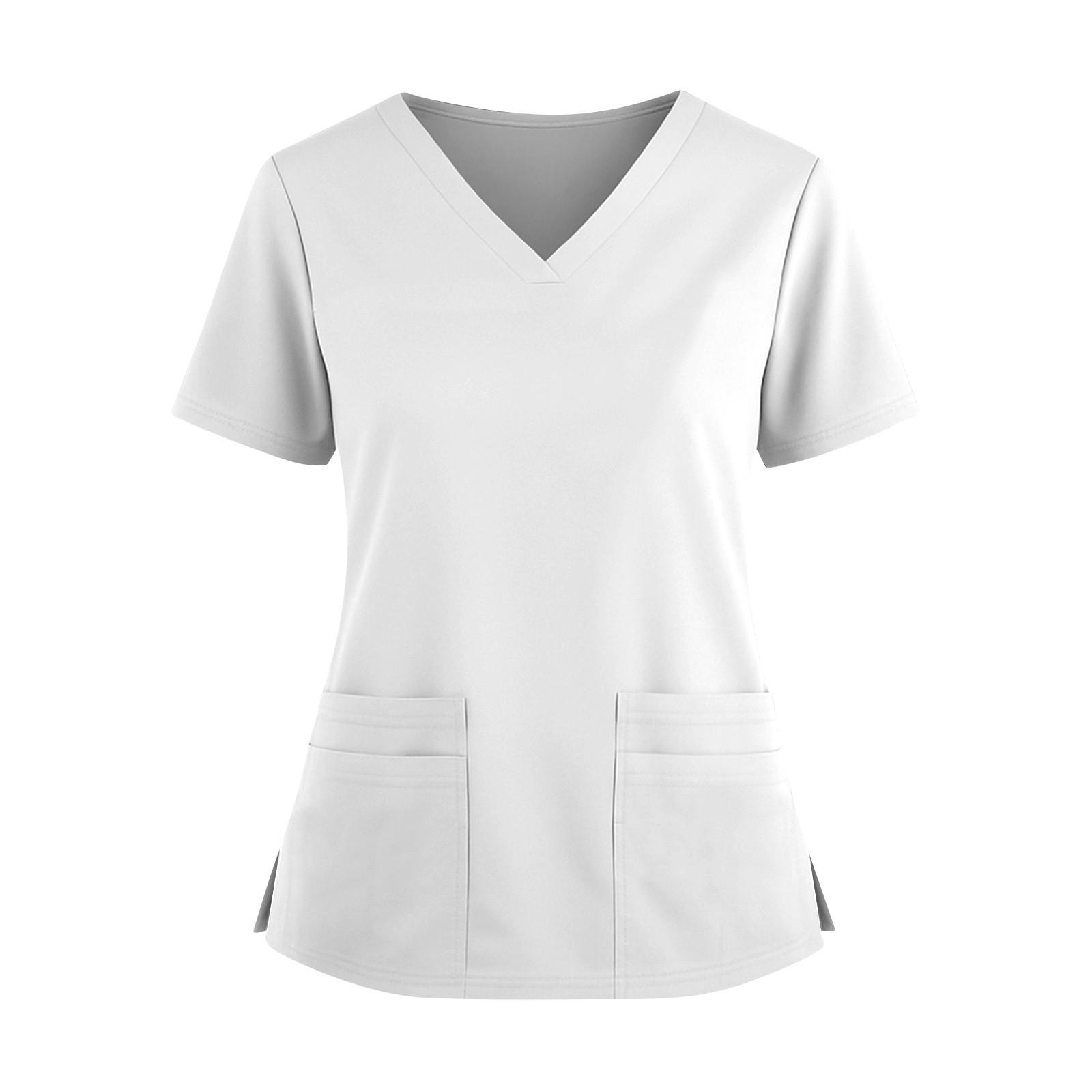 

Женская модная однотонная рубашка с V-образным вырезом, двумя карманами, короткими рукавами и разрезами по бокам. Униформа и рабочая блузка. XL