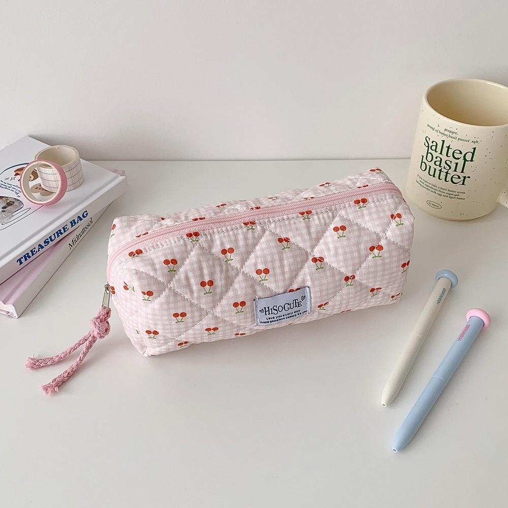 Large Capacity Fruit Cherry Pencil Bag Single Layer Cloth Plaid Pen Bag Student