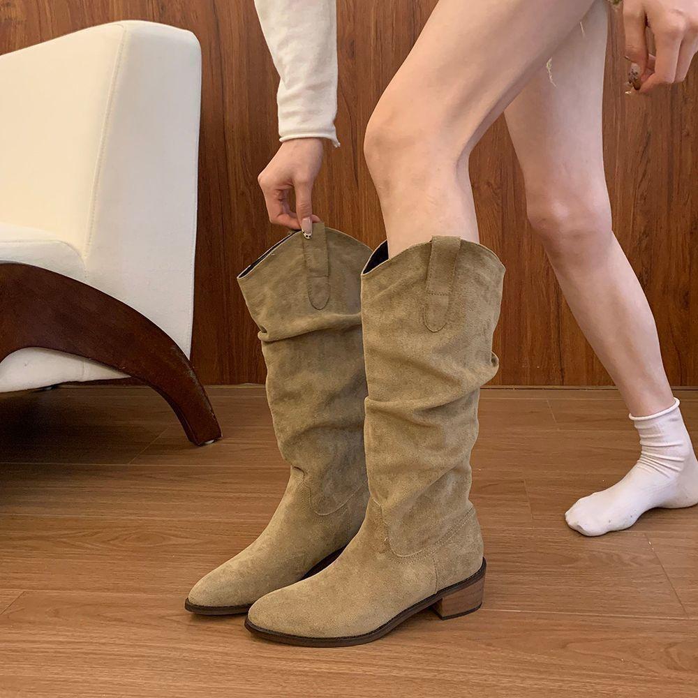 Pointed Thick Heel Pleated Stack Thin Martin Boots New Autumn and Winter Fashion Versatile High Boots Children