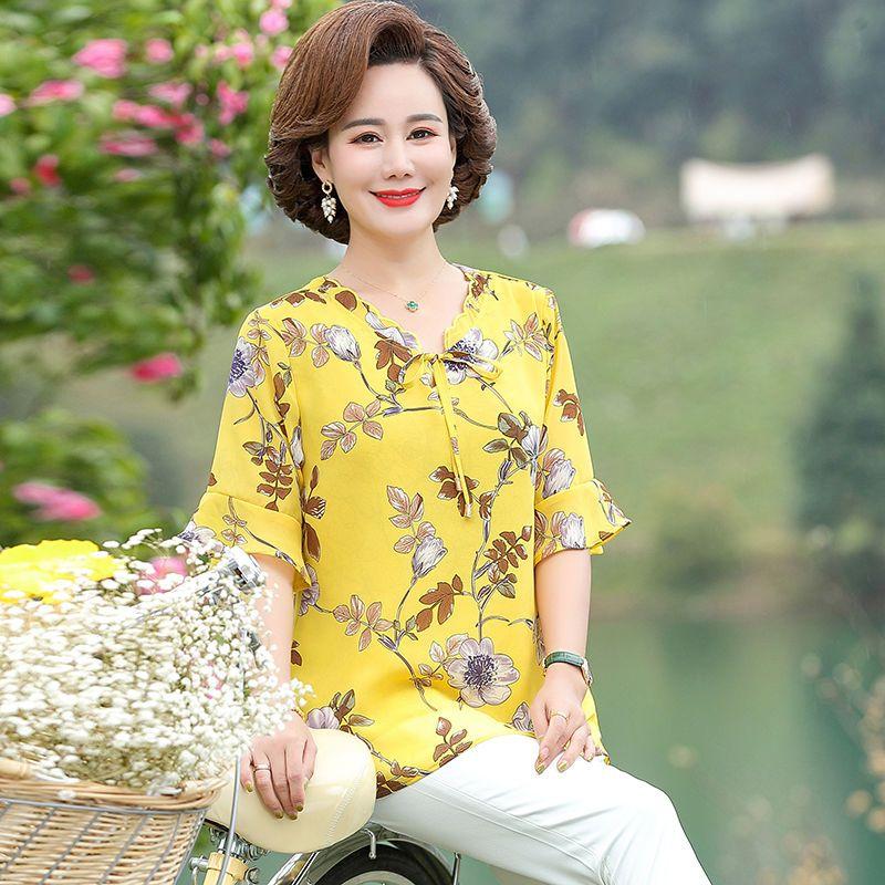 Mother Top Chiffon T-shirt Middle-aged and Elderly Short-sleeved Women's Clothing New Style Thin Shirt Fashionable