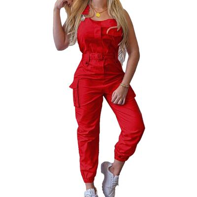Women's Cargo Jumpsuit Ankle Tied Shoulder Strap Women Sleeveless High Waist Pockets Romper for Working
