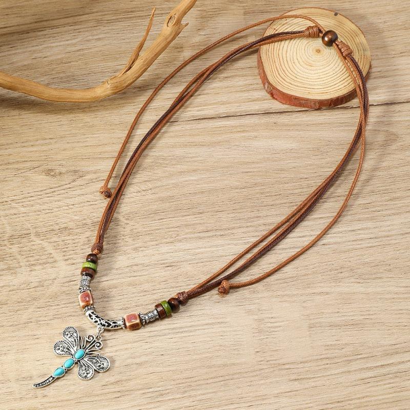 Literary Retro Butterfly Alloy Multi-layer Wooden Beads Knotted and Pullable Hand-woven Necklaces, Jewelry