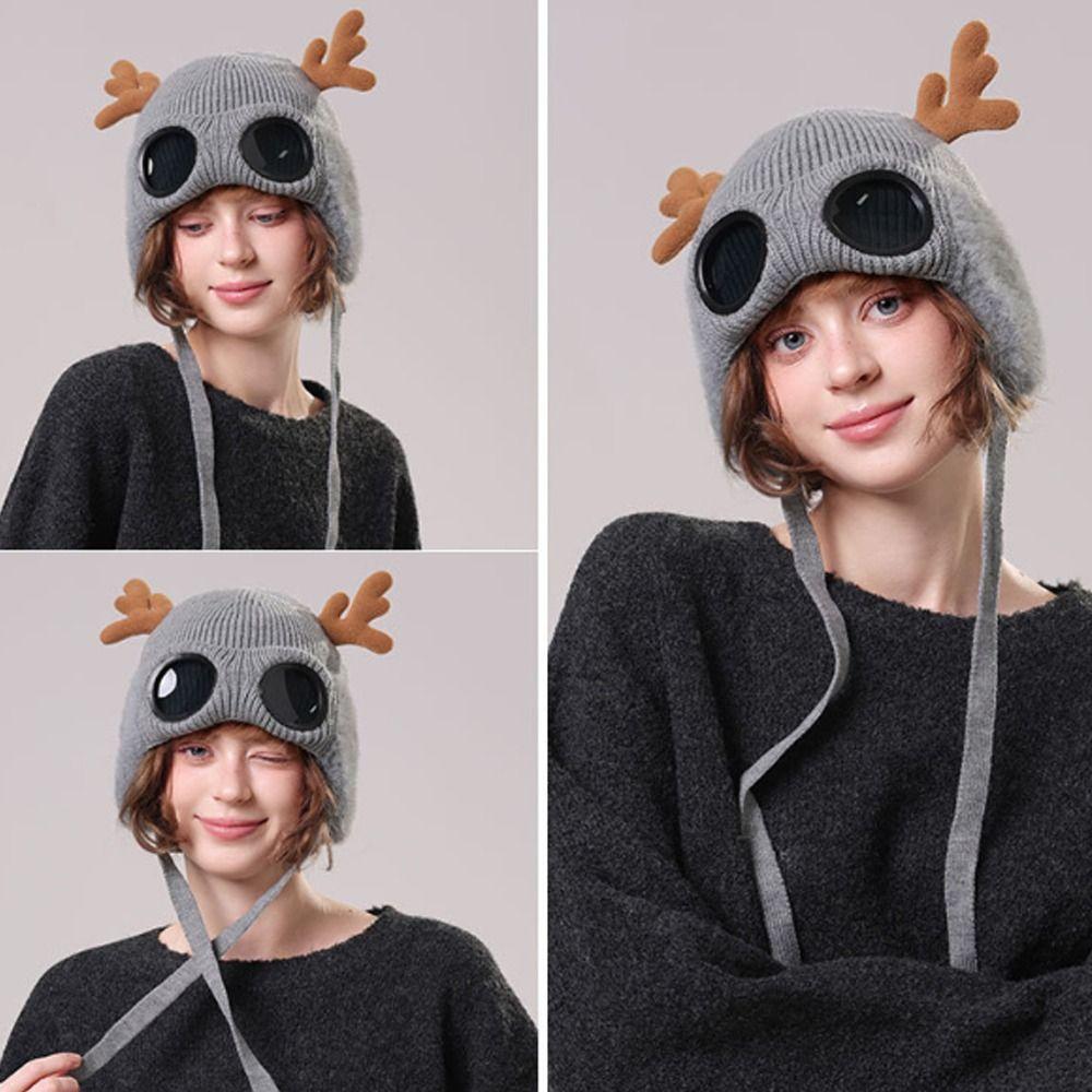 Solid Color Reindeer Antler Hat Warm Plush Ear Flaps Backpack Accessories