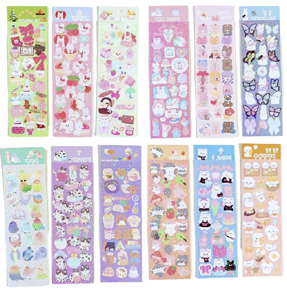 324 Korean Character Deco Stylish and Reward Large Animal Small Pastel Colors [12 Sheets, Stickers] Stickers, Glitter, Sparkle, Cute, Stickers,
