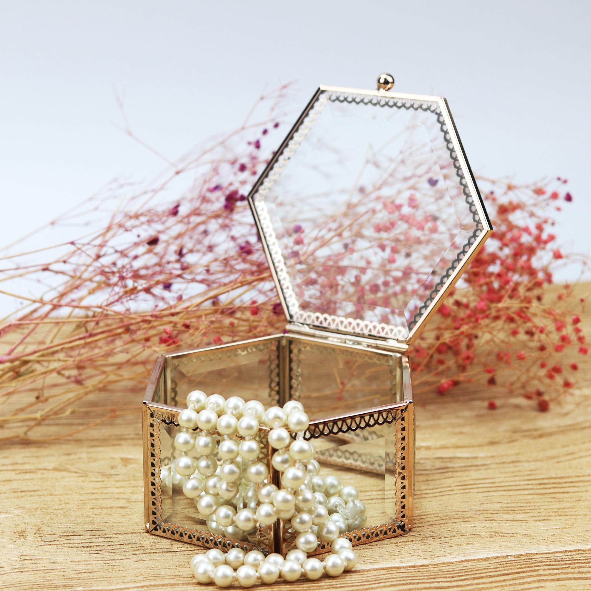 Nordic Retro Hexagonal Glass Jewelry Storage Box 120x65x65mm