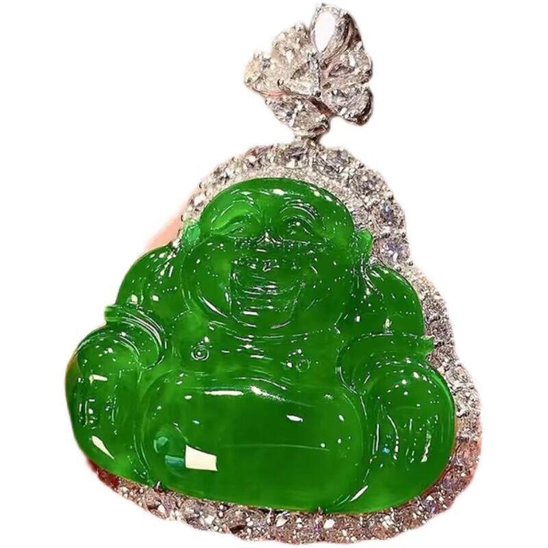 Ice Green Jadeite Laughing Buddha Pendant Necklace - Imperial Green Women s Charm Accessory