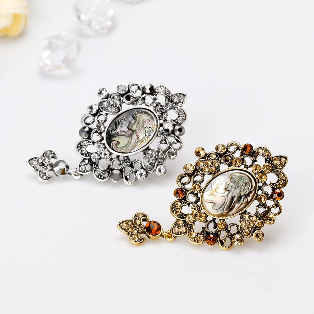 Women Alloy Brooch Fashionable Retro Breastpin Shell Beauty Head Crystal Inlaid Dress Accessories for Ladies