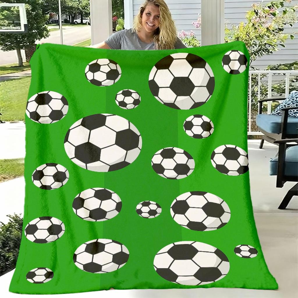 1pc Soccer Print Flannel Blanket Ultrasoft, Lightweight & Durable Polyester, Vibrant Green with Black & White Soccer Ball Design, Perfect for Sofa, Be