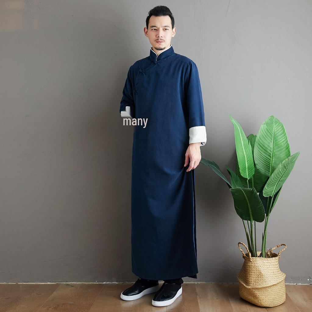 Ma Fan Men's Chinese Tang Suit Satin Long Robe: Snowflake Pattern, Stand-Up Collar, Roll-Up Sleeves, Solid Color