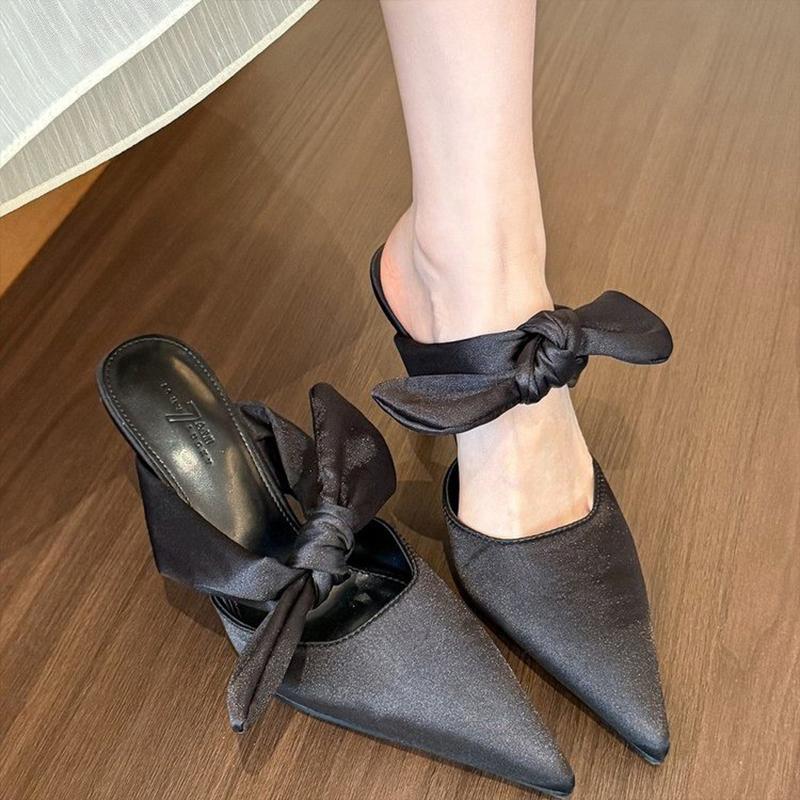 

Fashion Silk Pointed Bow Thin High-heeled Shoes for Women Spring and Summer 2025 Casual and Fashion Slippers Ladies Designer Sandals 35 чёрный
