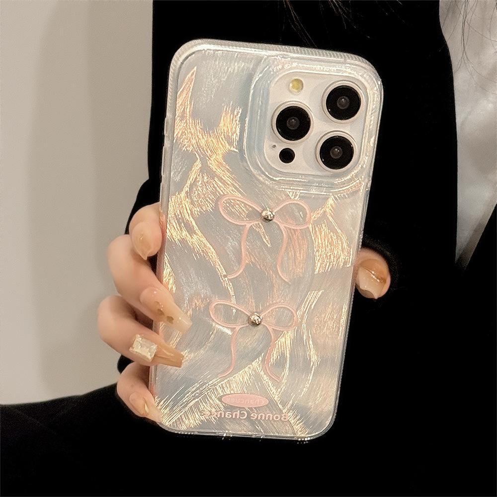 Three-dimensional Silver Bead Pink Bow Phone Case for Apple 17 Promax Feather Yarn for Iphone 16 Anti-fall 12 Hard 14