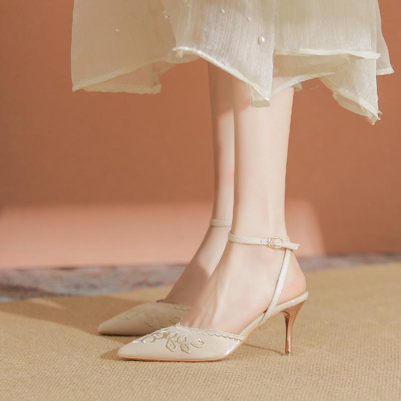 White high heels new summer with skirt pointed thick heel fairy wind bag head sandals