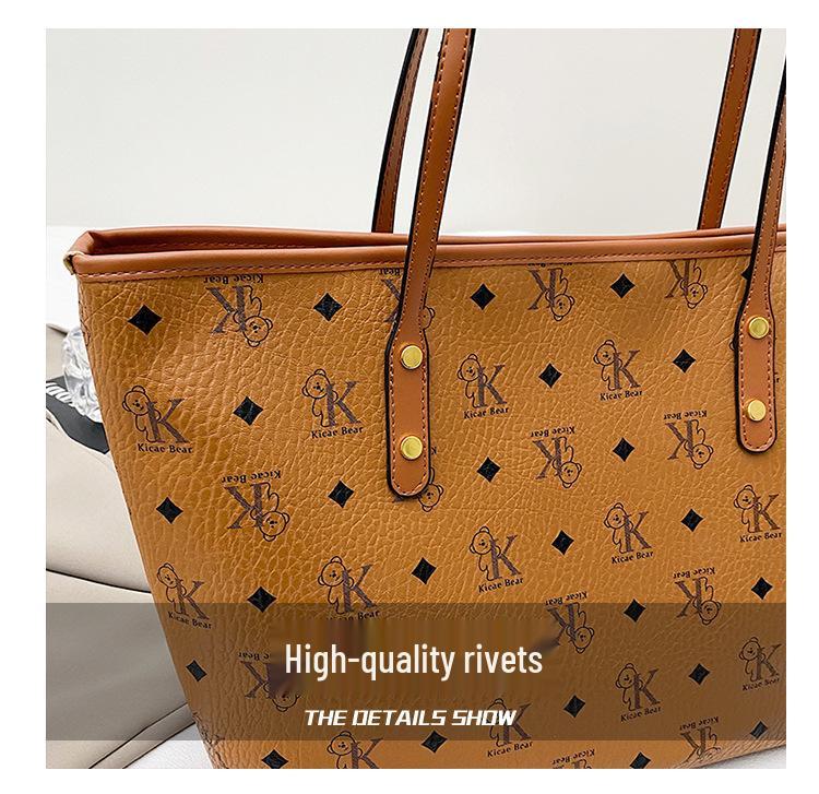 Bolsa Tote Feminina de Alta Capacidade com Estampa de Urso - Bolsa de Ombro Elegante para Passeios e Aulas